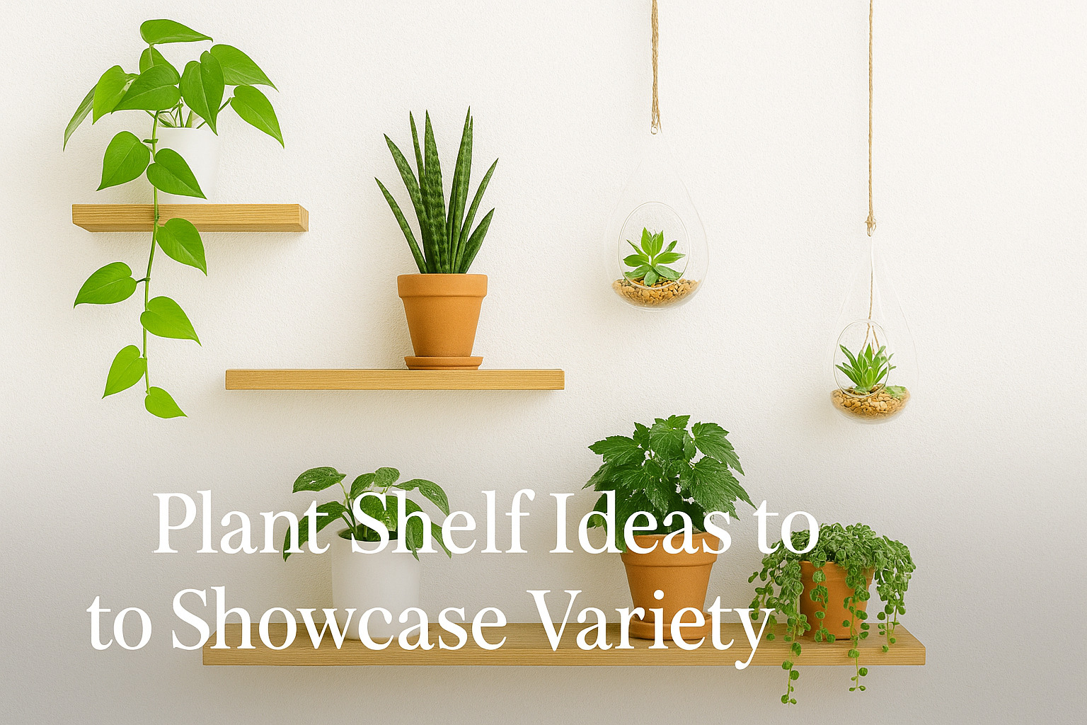 Stylish plant shelf ideas to showcase variety with indoor greenery arranged on floating wooden shelves and hanging terrariums in a modern home setting